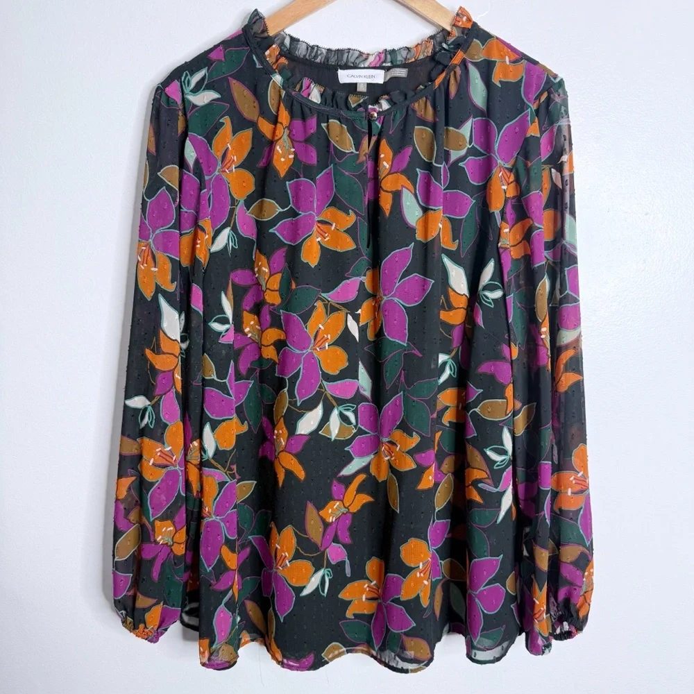 Calvin‎ Klein Women’s Floral Chiffon Blouse Long Sleeve Multicolor Lined Size 1X